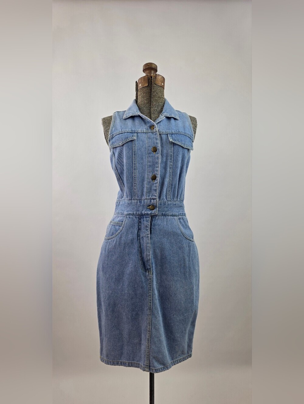Avon Fashions Vintage 80's Light Denim Sleeveless Collared Mini Bodycon Dress S